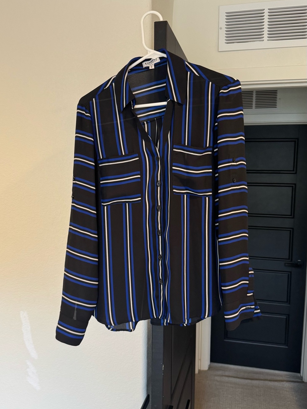 Express Black Button-Down Shirt with Blue & White Stripes